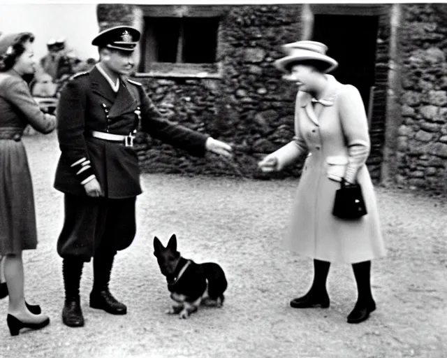 Image similar to ultra wide 1 9 4 6 blurry historical photo of a single german general shaking hands with a young queen elizabeth in a french village, her corgis are nearby highly detailed, sharp focus