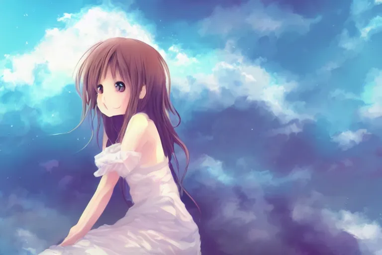 Image similar to a cute anime girl sitting on a cloud, digital painting, anime, portrait