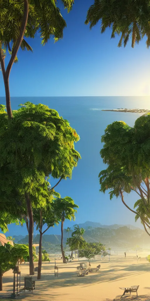 Prompt: the city of santa barbara, serene beach, beautiful composition, nature, green trees, high angle, rays of light, light dust, octane render, unreal engine, photography, 8 k