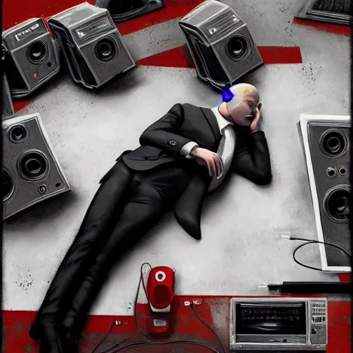 Image similar to agent 4 7 lying down listening to music in front of large stereo speakers surrounded by cables, black background, red rim light, highly detailed, smooth, sharp focus, art by cedric peyravernay