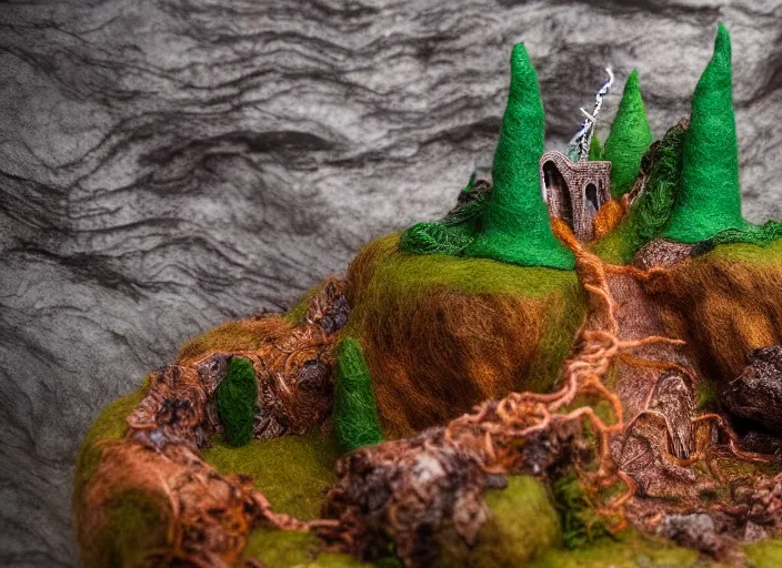 Image similar to high - res photograph of a felt and copper wire sculpture diorama with fantasy castles, highly detailed sculpey diorama, forest setting in iceland, waterfall backdrop, realistic materials, wood, felt, cloth, burlap, copper wire, hot glue, smooth, sharp foccus, commercial product photography,