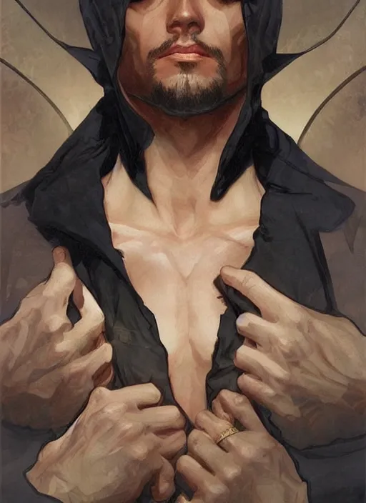 Prompt: a handsome man. he is a superhero, dressed as a superhero. clean elegant painting, beautiful detailed face. by artgerm and greg rutkowski and alphonse mucha n - 9