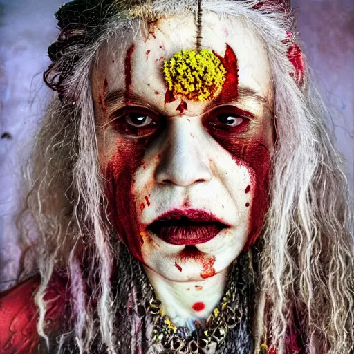 Image similar to realistic expired kodak film portrait of aghori tantrik albino india woman, tentacled creature mix, marigold celestial vibe, hyperrealism, hypermaxiymalism, photorealistic, detailed, atmospheric, 8 k, award winning photography, cinematic