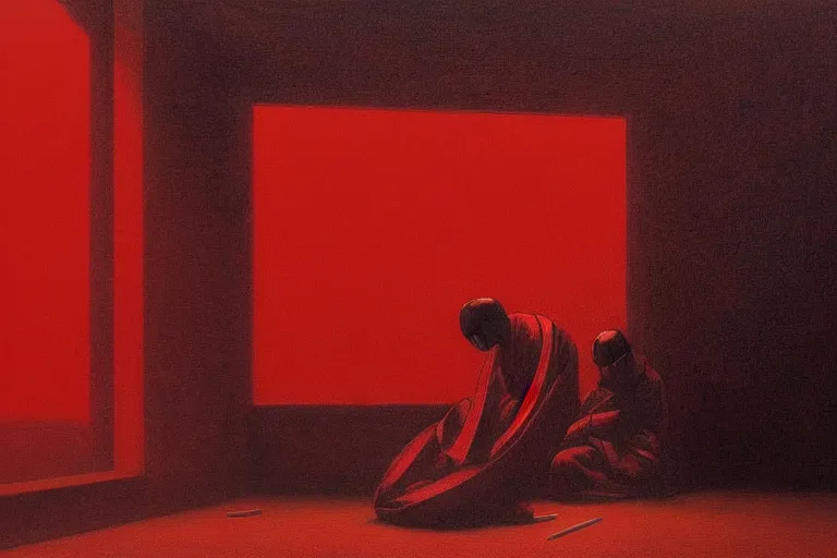 Image similar to only with red, a red samurai do seppuku, tokio, a lot of frogs watch, in the style of beksinski, parts by edward hopper, parts by rodcenko, parts by yue minjun, intricate and epic composition, red by caravaggio, insanely quality, highly detailed, masterpiece, red light, artstation, 4 k