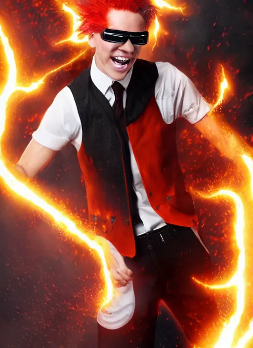 Image similar to photorealistic young man with red spiked long hair, using orange googles. Wearing black waistcoat, white shirt. He is with a vicious smile in face. dynamic lightning.