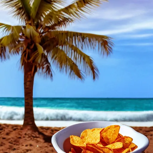 Prompt: graphic design of a bowl of chips next to a soda on the beach, palm trees in the background