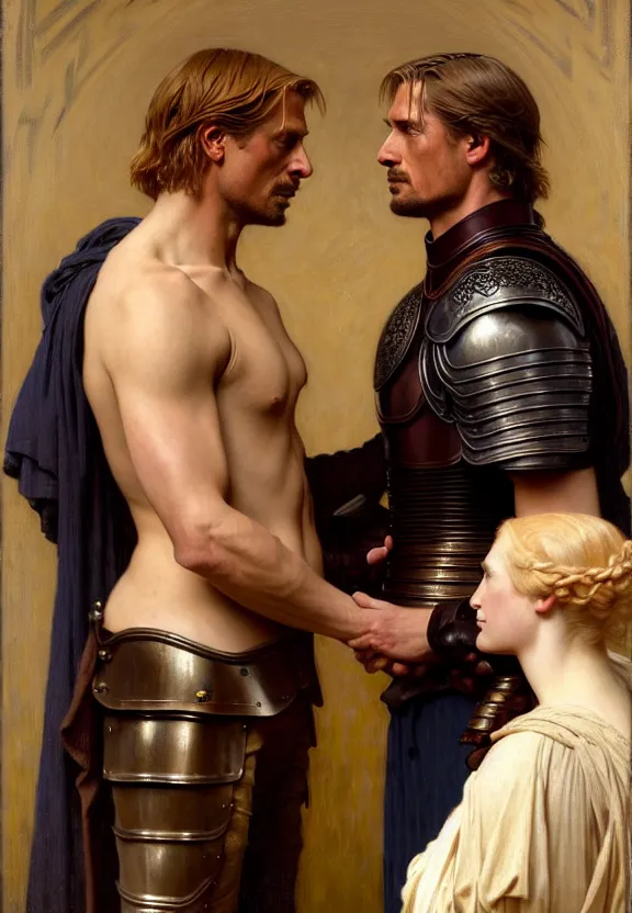 Image similar to attractive handsome fully clothed jaime lannister confesses his love for attractive fully armored brienne of tarth. centered composition. highly detailed painting by gaston bussiere and j. c. leyendecker and william adolphe bouguereau and fra angelico and octane render, musee d'orsay 8 k