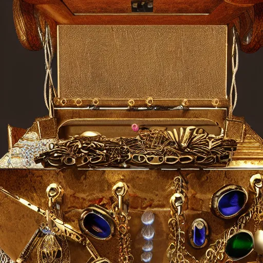 Prompt: A Dwemer chest filled with jewels and golden artefacts, 4k, hdri, museum quality photo