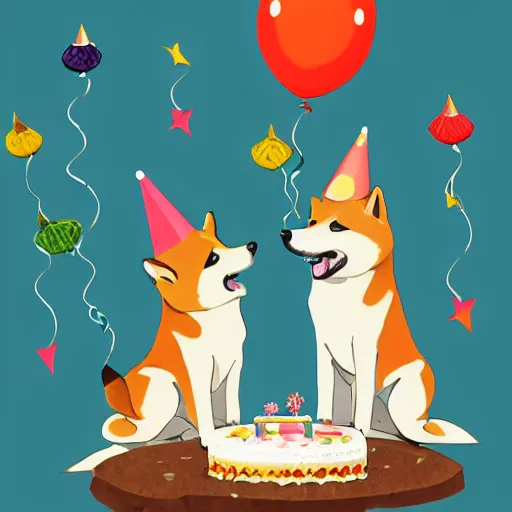 Prompt: expensive birthday card with happy shiba inu dogs eating birthday cake, Nintendo game art, Hayao Miyazaki, intricate detail, illustration, beautiful lighting,