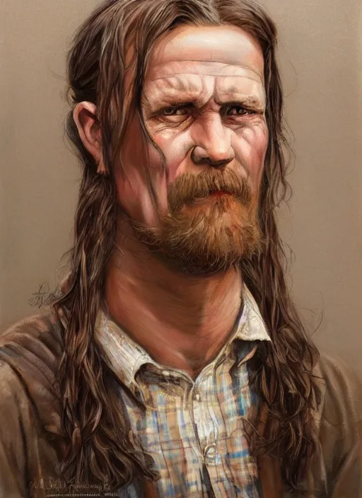 Image similar to alan trudyk as a hillbilly, head and shoulders portrait, intricate, elegant, highly detailed, centered, digital painting, artstation, concept art, smooth, sharp focus, illustration, art by artgerm and donato giancola and Joseph Christian Leyendecker