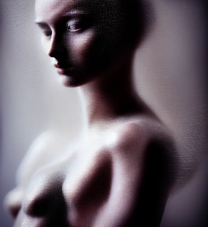 Image similar to cinestill 5 0 d photo portrait of a beautiful hybrid woman in style of roberto ferri by paolo roversi, translucent basalt body intricate detailed, intricate sparkling dark basalt ornamental hair, 1 5 0 mm lens, f 1. 4, sharp focus, ethereal, emotionally evoking, head in focus, radiant volumetric lighting, matt colors outdoor