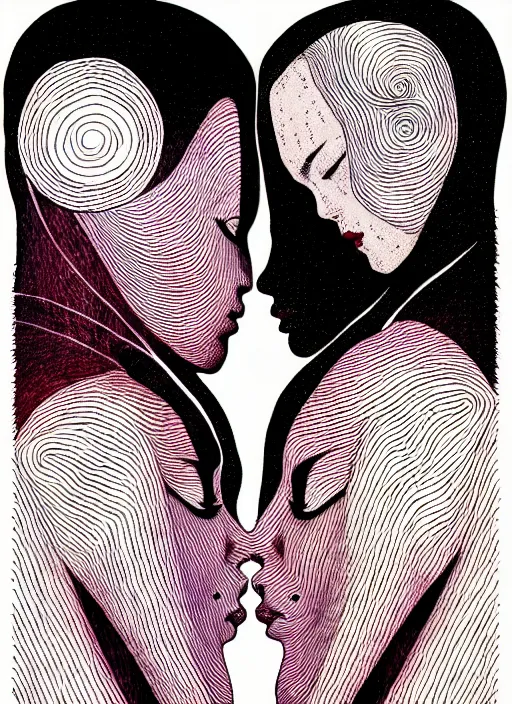 Image similar to 1 px color ink art by junji ito, perfectly centered symmetrical balanced male and female portrait of man and woman in love sharing one heart. high coherence ; fractal geometrical 8 k ultra hd