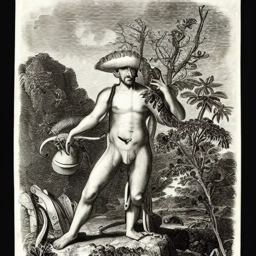 Prompt: A colonial explorer with an octopus head standing in the middle of the jungle, engraving, ink, black and white, 17th century