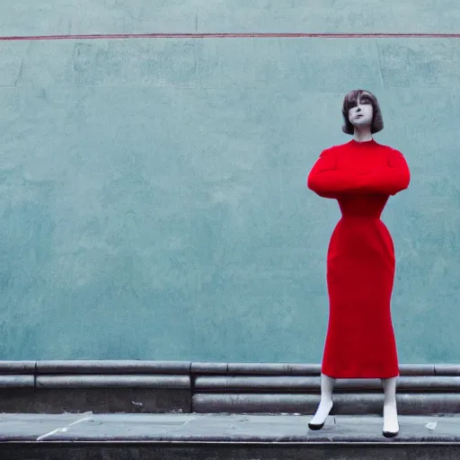 Image similar to giant flower head, frontal, woman standing in mid century building, surreal, symmetry, bright, tone in tone, cinematic, wes anderson