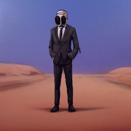 Prompt: man in a suit and wearing a gas mask standing in a desert wasteland background, dreary, smooth, sharp focus, beautifully detailed, oil painting, trending on artstation, by alena aenami