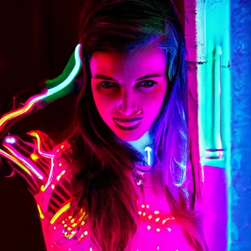 Image similar to a girl glowing with neon colors, high details, high modernization, high stylization, photo model