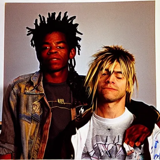 Image similar to photo of basquiat and kurt cobain in a high end studio, photorealistic,