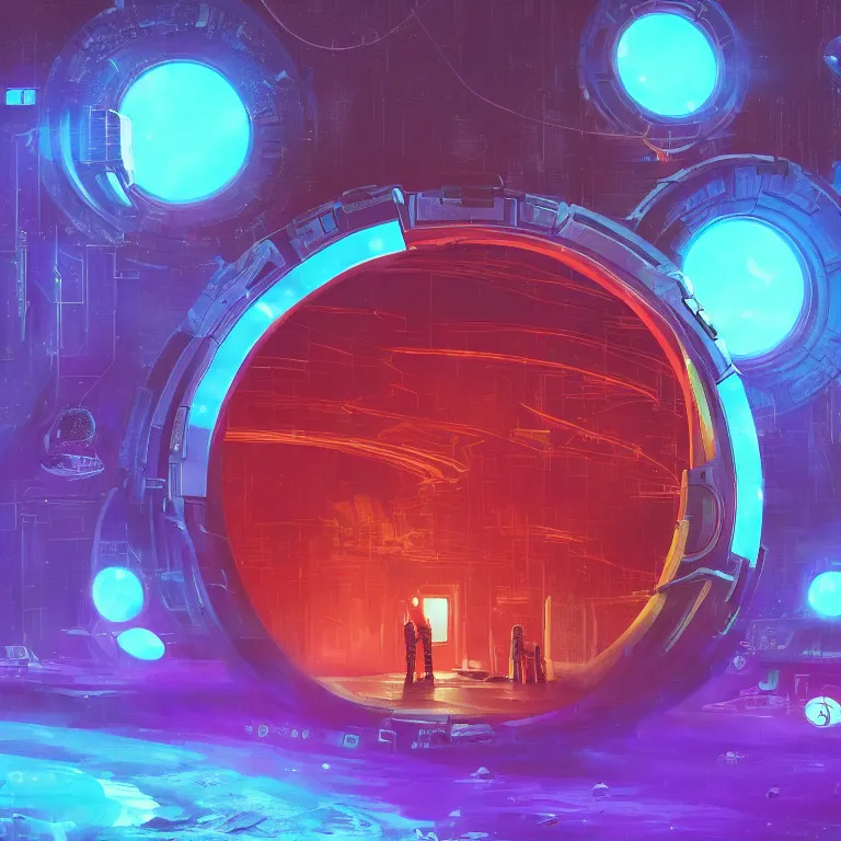 Image similar to a circle portal structure floating in outer - space, cyberpunk, epic surrealism, indigo, bright red, purple, cyan, lime green, detailed digital matte painting in the style of simon stalenhag and painting by ralph mcquarrie