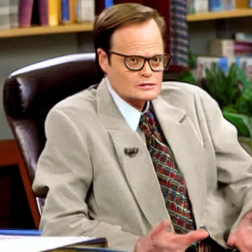 Prompt: dwight schrute pretending to be larry king