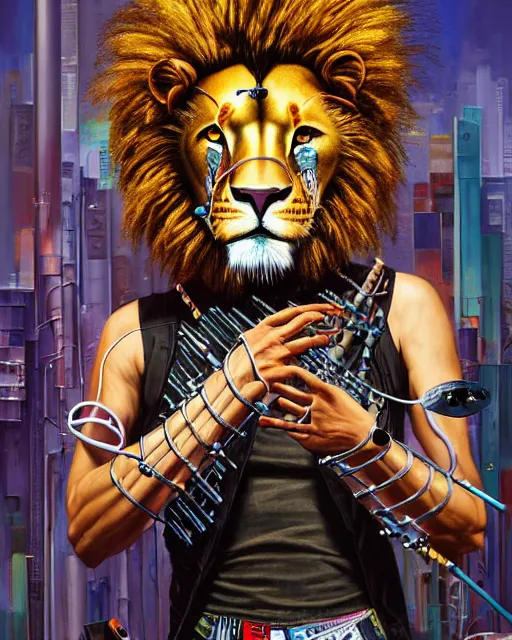 Image similar to a portrait of an anthropomorphic cyberpunk lion playing the snare drum with drumsticks by sandra chevrier, by jon foster, detailed render, tape deck, epic composition, cybernetics, 4 k realistic, cryengine, realistic shaded lighting, sharp focus, masterpiece, by enki bilal