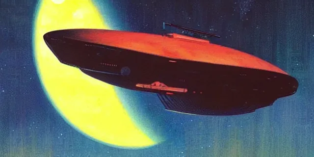 Image similar to ”retrofuturistic red spaceship flying low over the atmosphere of a green jungle planet down below with a yellow sun in the background, art by vincent di fate”