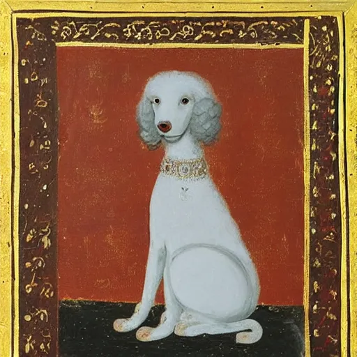 Prompt: portrait of a white poodle as an italian duchess, italo - byzantine era painting 9 0 0 ce