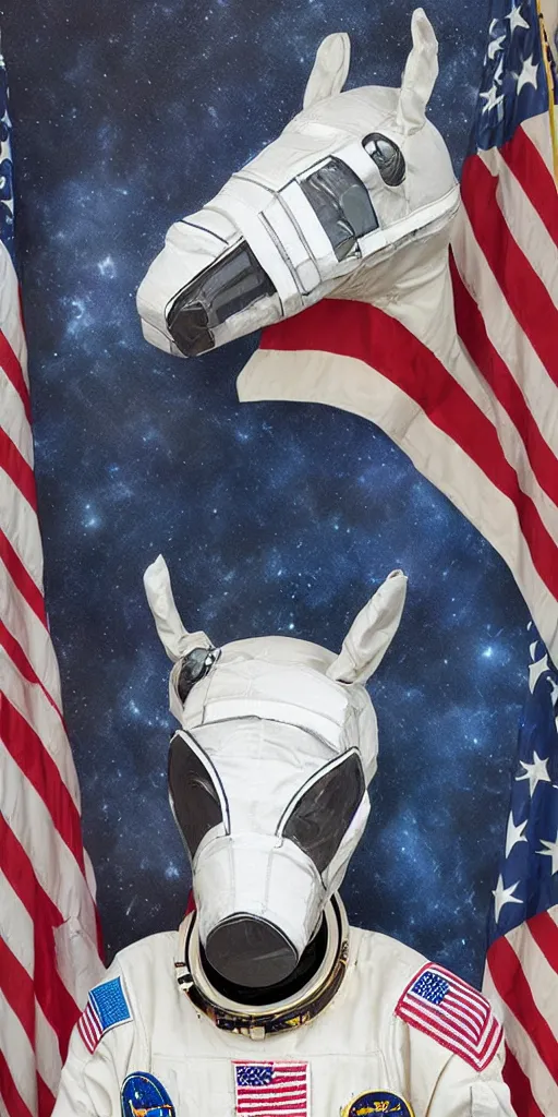 Image similar to astronaut wearing horse head mask