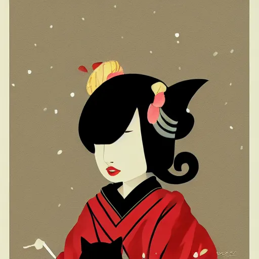 Image similar to full body icon stylized minimalist an asian girl with geisha makeup holding a cute black cat surrounded by snowflakes, loftis, cory behance hd by jesper ejsing, by zdzisław beksinski and norman rockwell and greg rutkowskiweta studio, and lucasfilm - c 1 0