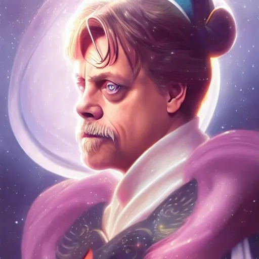 Image similar to Mark Hamill as Sailor Moon, western, D&D, fantasy, intricate, elegant, highly detailed, digital painting, artstation, concept art, matte, sharp focus, illustration, art by Artgerm and Greg Rutkowski and Alphonse Mucha