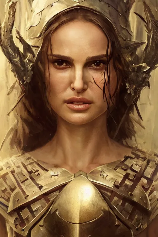 Image similar to natalie portman, legendary warrior, heroic, lord of the rings, tattoos, decorative ornaments, battle armor, by carl spitzweg, ismail inceoglu, vdragan bibin, hans thoma, greg rutkowski, alexandros pyromallis, perfect face, fine details, realistic shading photorealism