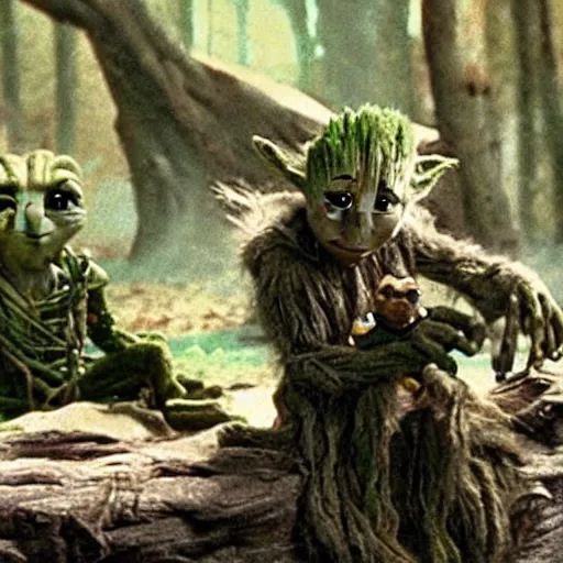 Image similar to Film still of Groot chilling out with Yoda, from Star Wars The Empire Strikes Back (1980)