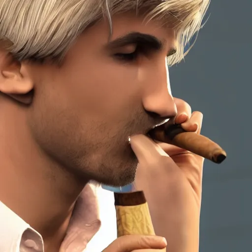 Image similar to a closeup photo of handsome gigachad xqc smoking a cigar, 8k photorealism, extremly detailed, trending on artstation