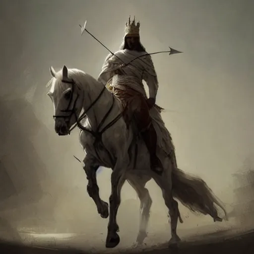 Image similar to a white horse The one who rode him carried arrows and a bow in his hand, and they gave him a crown, digital Art, Greg rutkowski Trending artstation