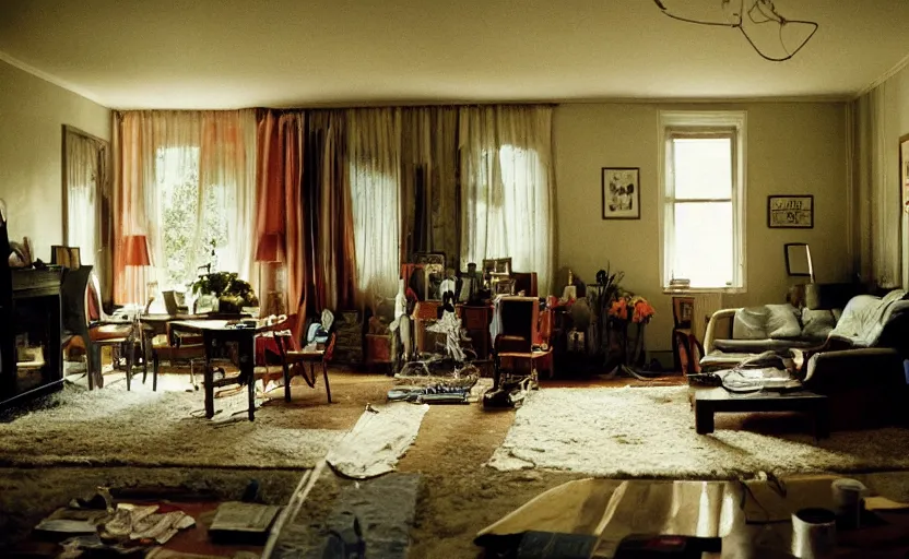 Prompt: a moody photograph of a 9 0 s living room, gregory crewdson, wes anderson