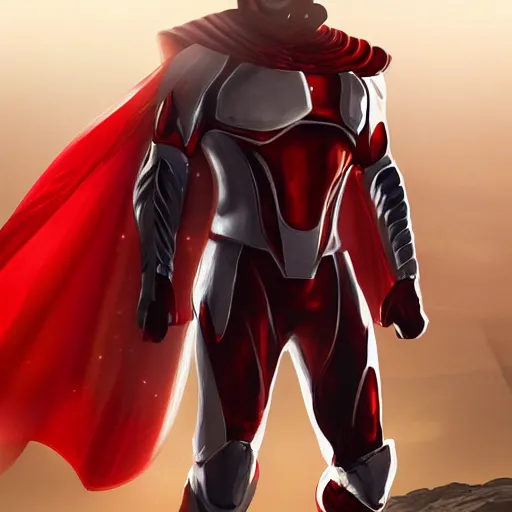 Prompt: portrait of a tall very muscular infantry man in glossy sleek white armor with tiny red details and a long red cape, heroic posture, on the surface of mars, night time, dramatic lighting, cinematic, sci-fi, hyperrealistic, movie still