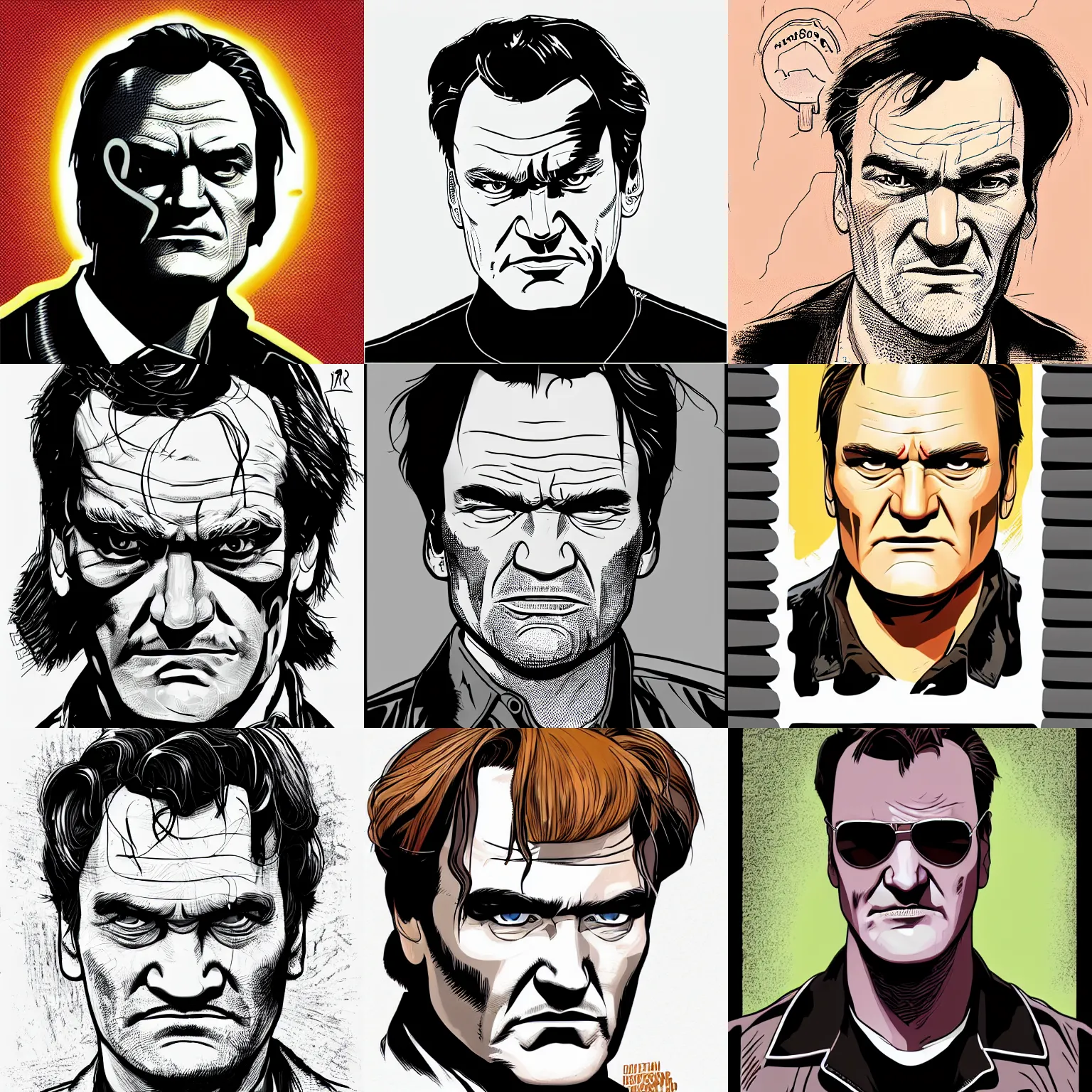 Prompt: centered cell shaded! head portrait of quentin tarantino llustration, art by laurie greasley