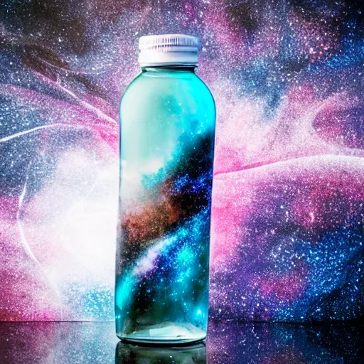 Image similar to professional studio photograph of a swirling galaxy contained within a bottle