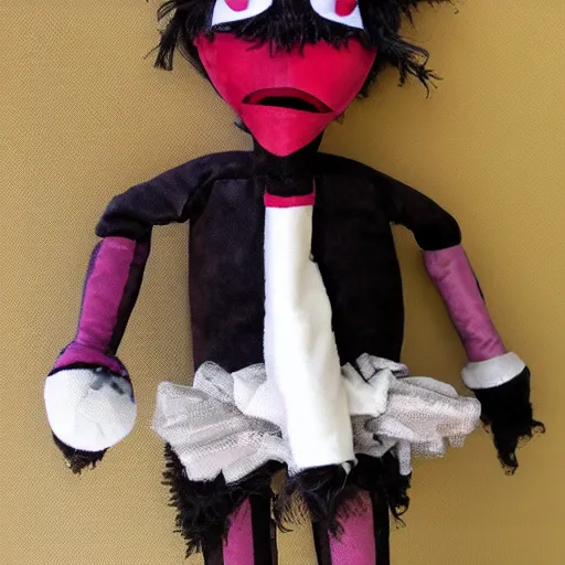 Prompt: puppet doll, plush, haunted, modern, laughing, dressed in monstrous clothing
