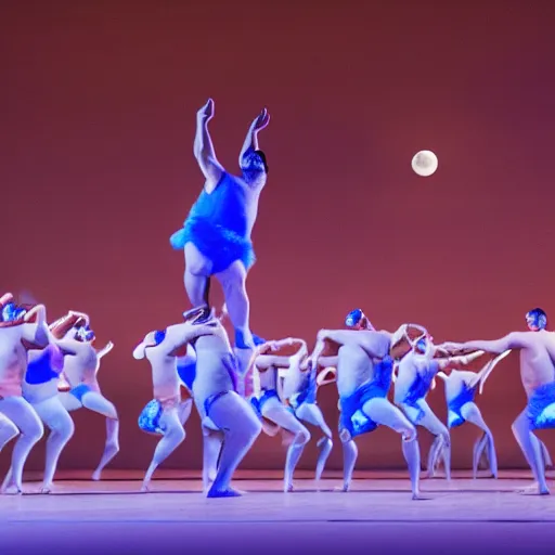 Prompt: blue skin very fat men dancing ballet at night in the full moon shine 4k