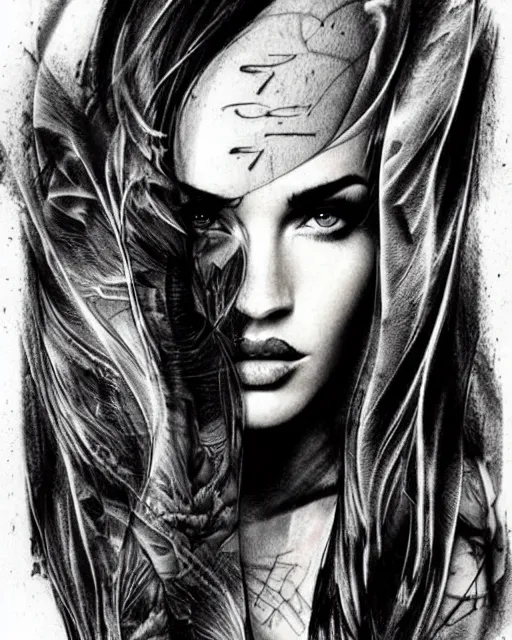 Image similar to creative double exposure effect tattoo design sketch of megan fox faded with beautiful mountain scenery, realism tattoo, in the style of matteo pasqualin, amazing detail, sharp