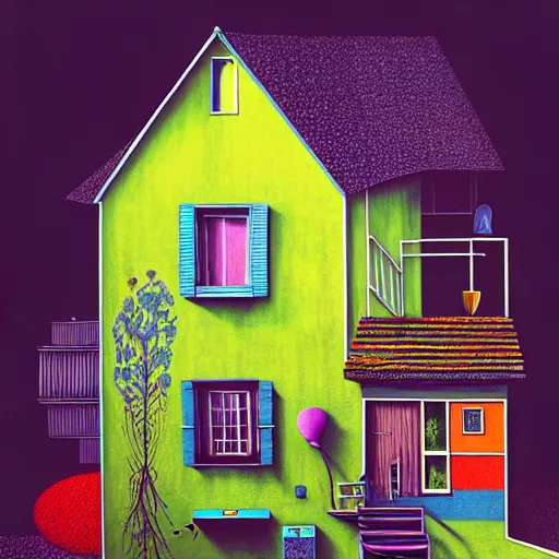 Image similar to surreal glimpse into other universe, house by som architect, summer morning, very coherent and colorful high contrast, art by!!!! gediminas pranckevicius!!!!, geof darrow, floralpunk screen printing woodblock, dark shadows, hard lighting, stipple brush technique,