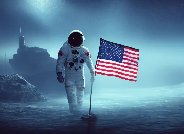 Image similar to astronaut holding a flag in an underwater desert. a submarine is visible in the distance. dark, concept art, cinematic, dramatic, atmospheric, 8 k, trending on artstation, blue, fish, low visibility, fog, ocean floor, christopher nolan, interstellar