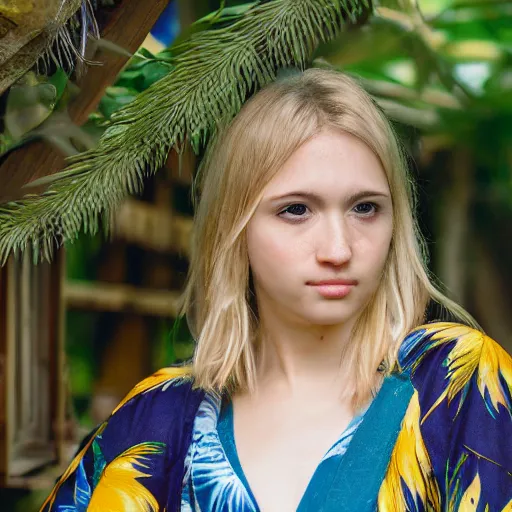 Image similar to petzval lens. shallow depth of field. head and shoulders portrait photograph of an extremely beautiful!!!! young blonde female. symetric face. round detailed eyes. with a very detailed barn owl! on her shoulder. wearing a yellow kimono!!.. in a tropical greenhouse. featured on flickr, art photography, photo taken with provia,