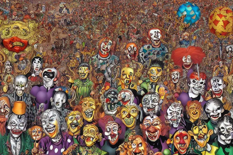 Image similar to endless crowd of clowns by rotella mimmo, kenny scharf, jacek yerka, peter bagge, simon bisley, artur bordalo, judy chicago, geof darrow