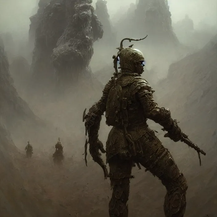 Prompt: 4k fantasy soldier ,art by zdzisław Beksiński, art by greg rutkowski, art by craig mullins, art by thomas kincade, art by Yoshitaka Amano