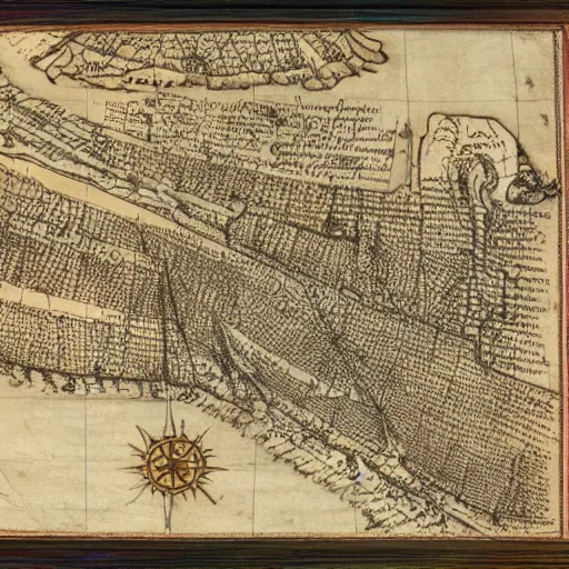 Prompt: 1 7 th century map of the bay area, ink on parchment