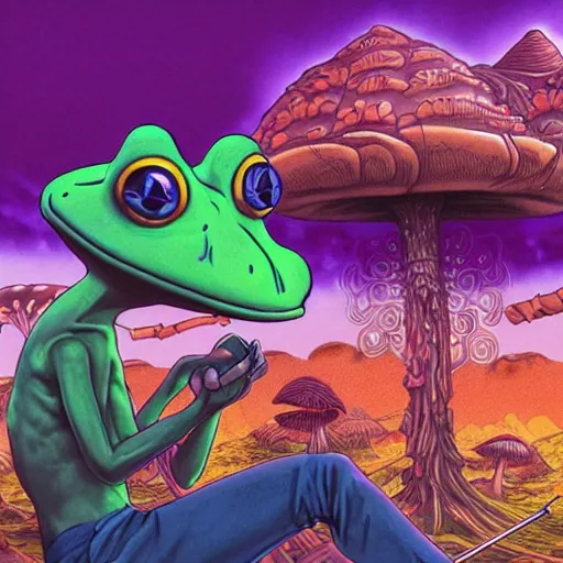 Image similar to A centered chest up portrait of a psychedelic godlike anthropomorphic frog smoking a hand-rolled cigarette smoking heavily , magic mushroom village in background . award winning. superb resolution. in the art style of junji Ito and greg rutkowski . Detailed Mushroom city in background. Hyper realistic anime. Perfect art. Dalle2