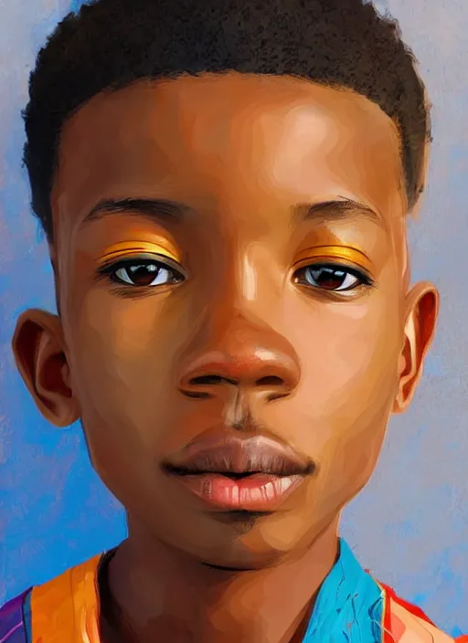 Image similar to colourful upper half portrait of an african boy - art by aya takano, highly detailed, digital painting, illustration, smooth, sharp focus, intricate, symmetry, pinterest, behance, artstation