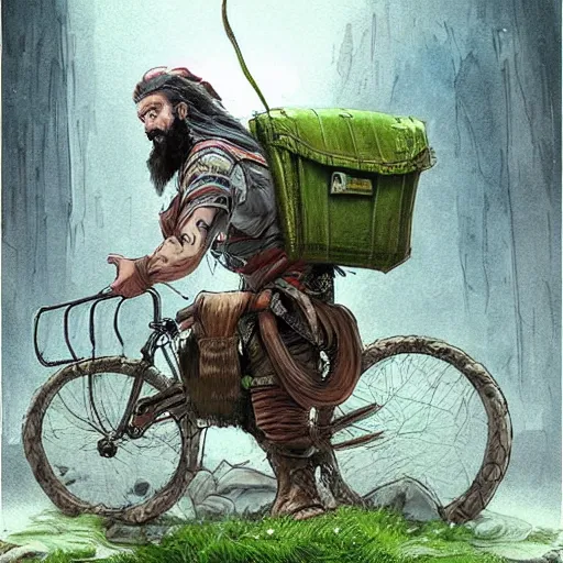 Prompt: a bearded and long haired bicycle food delivery worker with a green bag on his back in Europe, he has boots, epic fantasy style art by kim jung gi, fantasy epic digital art