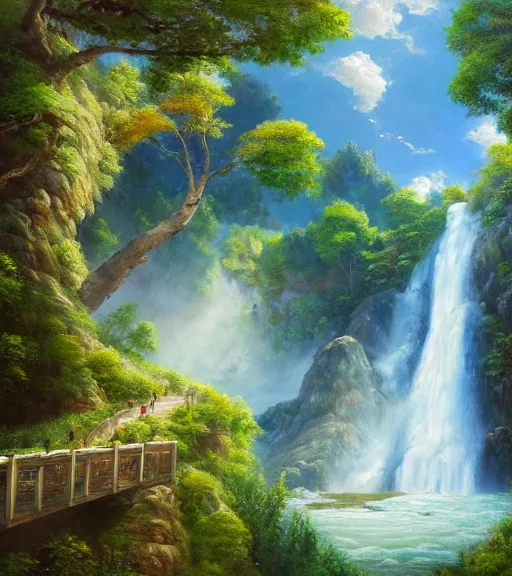 Image similar to the most beautiful panoramic landscape, oil painting, where a giant dreamy waterfall creates a river, the trees around are starting to bloom, cinematic lighting, highly detailed